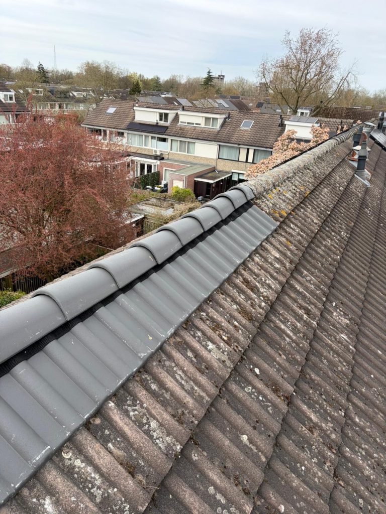 Vernieuwde nok met nieuwe nokvorsten en bovenste rij dakpannen